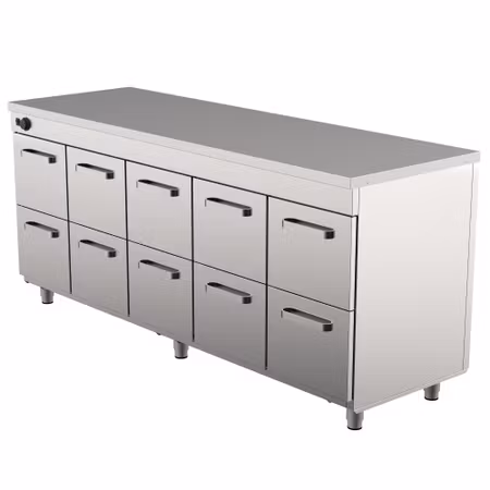 Värmeskåp Med Neutral Toppskiva LK-20010, 10st Lådor Med Ram För GN1/1-200mm, 2000x650x900mm, COOLPART
