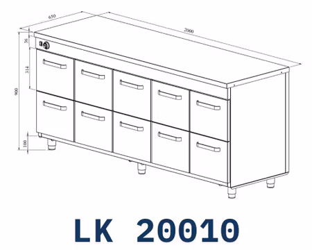 Värmeskåp Med Neutral Toppskiva LK-20010, 10st Lådor Med Ram För GN1/1-200mm, 2000x650x900mm, COOLPART