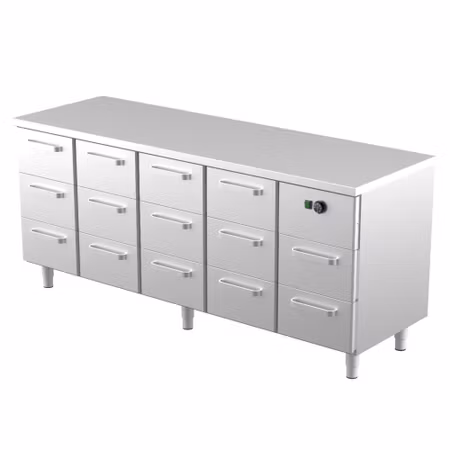 Värmeskåp Med Neutral Toppskiva LK-20014, 14st Lådor Med Ram För GN1/1-150mm, 2000x650x900mm, COOLPART