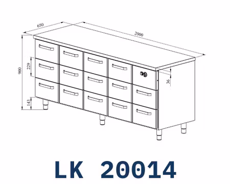 Värmeskåp Med Neutral Toppskiva LK-20014, 14st Lådor Med Ram För GN1/1-150mm, 2000x650x900mm, COOLPART