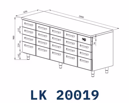 Värmeskåp Med Neutral Toppskiva LK-20019, 14st Lådor Med Ram För GN1/1-100mm+5st GN1/1+150mm, 2000x650x900mm, COOLPART