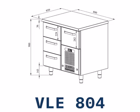 Kylbänk VLE-804, Rostfri Toppskiva, 800x650x900mm 3st Lådor Med Ram För GN1/1-150mm+1GN1/1-200mm, COOLPART