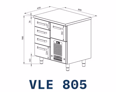 Kylbänk VLE-805, Rostfri Toppskiva, 800x650x900mm 3st Lådor Med Ram För GN1/1-100mm+1st GN1/1-150mm+1st GN1/1-200mm, COOLPART