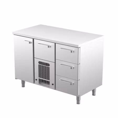 Kylbänk VLE-1214, Rostfri Toppskiva, 1200x650x900mm 3st Lådor Med Ram För GN1/1-150mm+1 GN1/1-200mm+1st Skåp GN1/1, COOLPART
