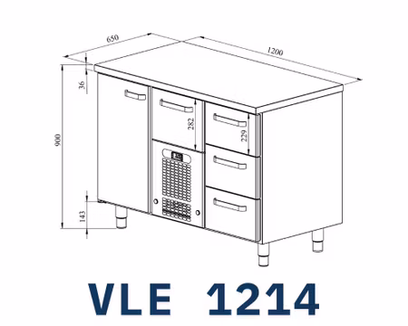 Kylbänk VLE-1214, Rostfri Toppskiva, 1200x650x900mm 3st Lådor Med Ram För GN1/1-150mm+1 GN1/1-200mm+1st Skåp GN1/1, COOLPART