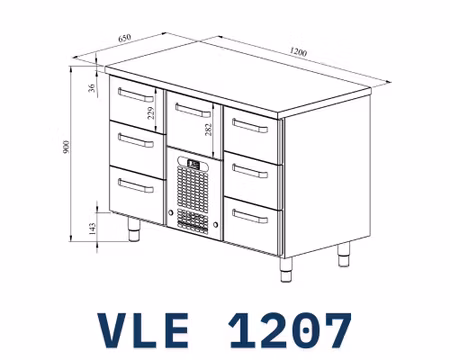 Kylbänk VLE-1207, Rostfri Toppskiva, 1200x650x900mm 6st Lådor Med Ram För GN1/1-150mm+1 GN1/1-200mm, COOLPART