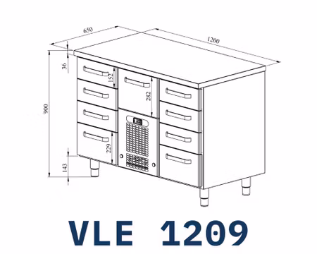 Kylbänk VLE-1209, Rostfri Toppskiva, 1200x650x900mm 6st Lådor Med Ram För GN1/1-100mm,+2 GN1/1-150mm+1 GN1/1-200mm COOLPART