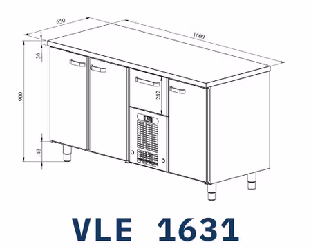Kylbänk VLE-1631, Rostfri Toppskiva, 1600x650x900mm 3st Skåp För GN1/1+1 Låda Med Ram För GN1/1-200mm, COOLPART