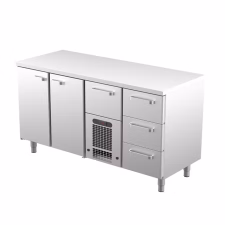 Kylbänk VLE-1624, Rostfri Toppskiva, 1600x650x900mm 2 Skåp För GN1/1+3 Lådor Med Ram För GN1/1-150mm+1 Låda GN1/1-200 mm, COOLPART