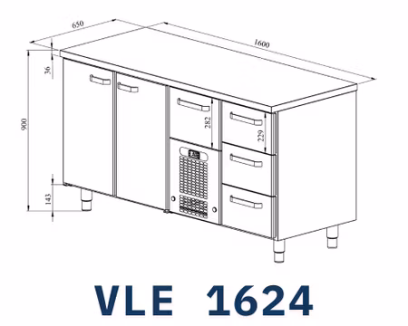 Kylbänk VLE-1624, Rostfri Toppskiva, 1600x650x900mm 2 Skåp För GN1/1+3 Lådor Med Ram För GN1/1-150mm+1 Låda GN1/1-200 mm, COOLPART