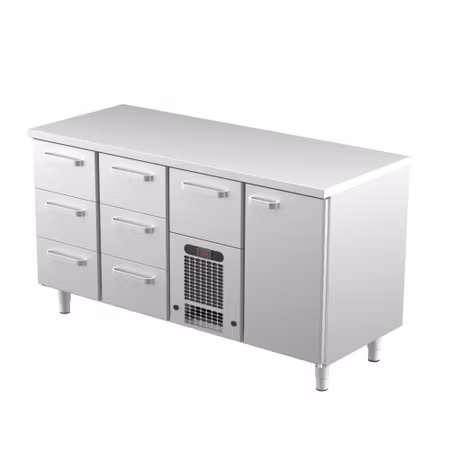 Kylbänk VLE-1617, Rostfri Toppskiva, 1600x650x900mm 6 Lådor Med Ram För GN1/1-150mm+1 låda GN1/1-200mm+1 Skåp GN1/1, COOLPART