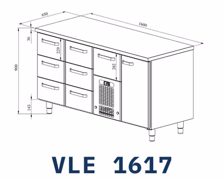 Kylbänk VLE-1617, Rostfri Toppskiva, 1600x650x900mm 6 Lådor Med Ram För GN1/1-150mm+1 låda GN1/1-200mm+1 Skåp GN1/1, COOLPART