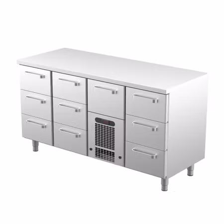 Kylbänk VLE-16010, Rostfri Toppskiva, 1600x650x900mm 9 Lådor Med Ram För GN1/1-150mm+1 Låda GN1/1-200mm, COOLPART