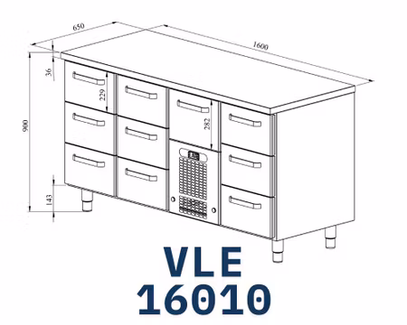 Kylbänk VLE-16010, Rostfri Toppskiva, 1600x650x900mm 9 Lådor Med Ram För GN1/1-150mm+1 Låda GN1/1-200mm, COOLPART