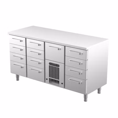 Kylbänk VLE-16013, Rostfri Toppskiva, 1600x650x900mm 9 Lådor Med Ram För GN1/1-100mm+3 Lådor GN1/1-150mm+1 Låda GN1/1-200mm, COOLPART