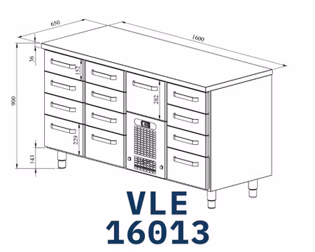 Kylbänk VLE-16013, Rostfri Toppskiva, 1600x650x900mm 9 Lådor Med Ram För GN1/1-100mm+3 Lådor GN1/1-150mm+1 Låda GN1/1-200mm, COOLPART