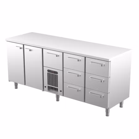 Kylbänk VLE-2027, Rostfri Toppskiva, 2000x650x900mm 6 Lådor Med Ram För GN1/1-150mm+1 Låda GN1/1-200mm+2 Skåp GN1/1), COOLPART