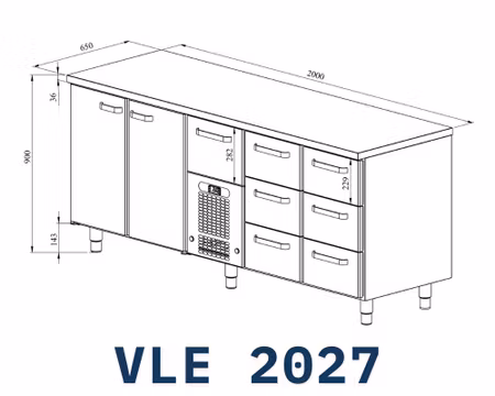 Kylbänk VLE-2027, Rostfri Toppskiva, 2000x650x900mm 6 Lådor Med Ram För GN1/1-150mm+1 Låda GN1/1-200mm+2 Skåp GN1/1), COOLPART