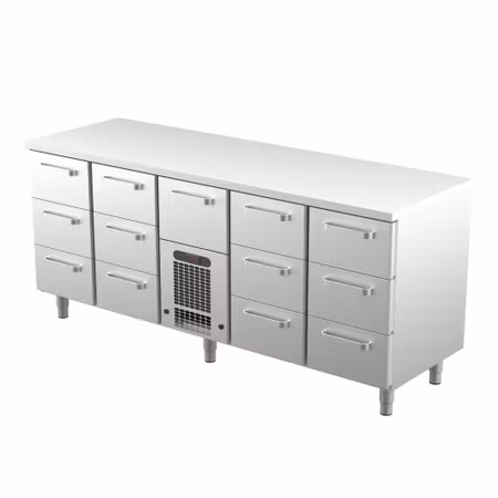 Kylbänk VLE-20013, Rostfri Toppskiva, 2000x650x900mm 12 Lådor GN1/1-150mm+1 Låda GN1/1-200mm, COOLPART