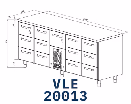 Kylbänk VLE-20013, Rostfri Toppskiva, 2000x650x900mm 12 Lådor GN1/1-150mm+1 Låda GN1/1-200mm, COOLPART