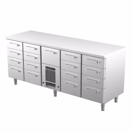 Kylbänk VLE-20017, Rostfri Toppskiva, 2000x650x900mm 12 Lådor Med Ram För GN1/1-100mm+4 Lådor GN1/1-150mm+1 Låda GN1/1-200mm, COOLPART