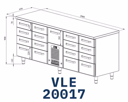 Kylbänk VLE-20017, Rostfri Toppskiva, 2000x650x900mm 12 Lådor Med Ram För GN1/1-100mm+4 Lådor GN1/1-150mm+1 Låda GN1/1-200mm, COOLPART