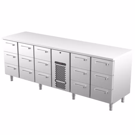 Kylbänk VLE-24015, Rostfri Toppskiva, 2400x650x900mm 15 Lådor Med Ram För GN1/1-150mm , COOLPART