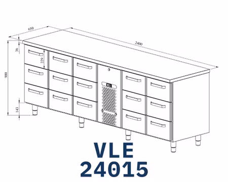 Kylbänk VLE-24015, Rostfri Toppskiva, 2400x650x900mm 15 Lådor Med Ram För GN1/1-150mm , COOLPART