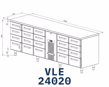 Kylbänk VLE-24020, Rostfri Toppskiva, 2400x650x900mm 15 Lådor Med Ram För GN1/1-100mm+5 Lådor GN1/1-150mm, COOLPART