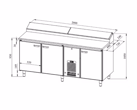Bagerikylbänk PK KLE-2030, RFR Toppskiva, (Passande Plåtar: 450x600mm) 2000x730x900mm, COOLPART