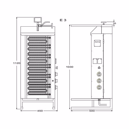 Kebabgrill E3-S, 50kg kött effekt:9kW, POTIS