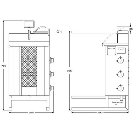Gas Kebabgrill G1, 15kg kött effekt:5,25kW, POTIS