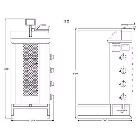 Gas Kebabgrill G2, 30kg kött effekt:7kW, POTIS