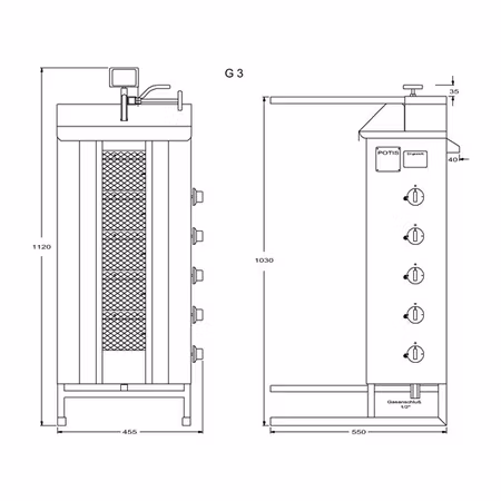 Gas Kebabgrill G3, 50kg kött effekt:8,75kW, POTIS