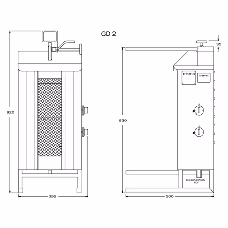 Gas Kebabgrill GD2/S, 30kg kött effekt:7kW, POTIS