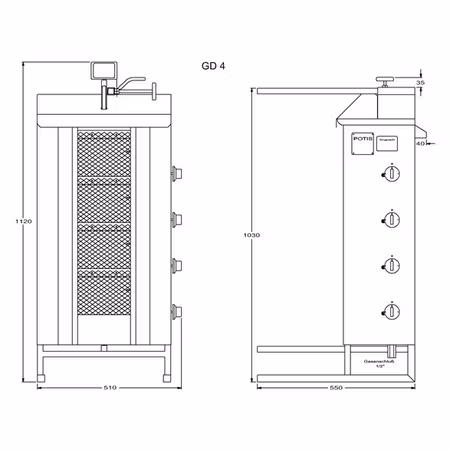 Gas Kebabgrill GD4/S, 70kg kött effekt:14kW, POTIS