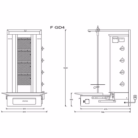 Gas Kebabgrill F-GD4, 70kg kött effekt:11.5kW, POTIS