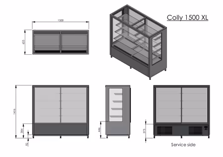 Kylmonter COLLY 1500 XL, 4st glashyllor+bottenhylla, 1500x650x1400mm, COOLPART