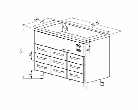 Värmeskåp med vattenbad 1200x650x900mm (3xGN 1/1-150+9 lådor GN 1/1-100) KLH-1209, COOLPART