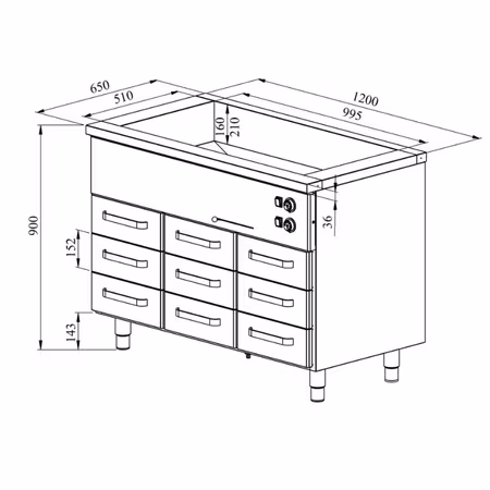 Värmeskåp med vattenbad 1200x650x900mm (3xGN 1/1-150+9 lådor GN 1/1-100) KLH-1209, COOLPART