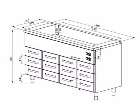 Värmeskåp med vattenbad 1600x650x900mm (4xGN1/1-150 + 12 låda 1/1-100) KLH-16012, COOLPART