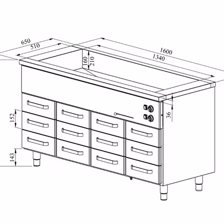 Värmeskåp med vattenbad 1600x650x900mm (4xGN1/1-150 + 12 låda 1/1-100) KLH-16012, COOLPART
