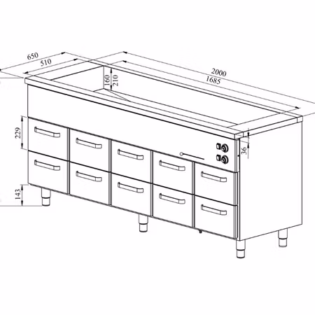 Värmeskåp med vattenbad 2000x650x900mm (5xGN1/1-150 + 10 låda GN 1/1-150) KLH 20010, COOLPART