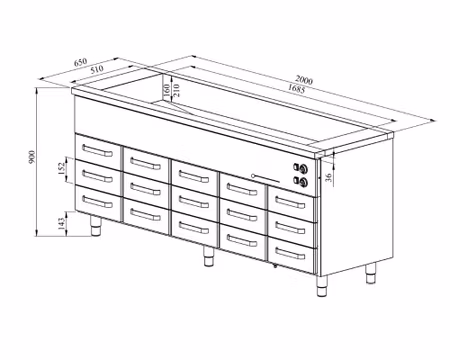 Värmeskåp med vattenbad 2000x650x900mm (5xGN1/1-150 + 15 låda GN 1/1-100) KLH 20015, COOLPART