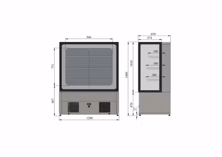 Kylmonter CUBIC SM1200, Stängd rygg Öppen mot kund, 1200x650x1480mm, COOLPART