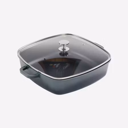 Alu-Gjutjärn Kastrull Med Glaslock, 28x28cm 5,6Liter Grå Induktion, AluChef