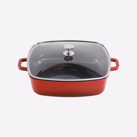 Alu-Gjutjärn Kastrull Med Glaslock, 28x28cm 5,6Liter Röd Induktion, AluChef