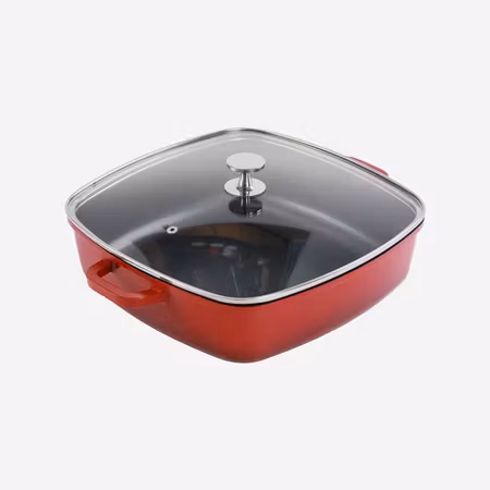 Alu-Gjutjärn Kastrull Med Glaslock, 28x28cm 5,6Liter Röd Induktion, AluChef