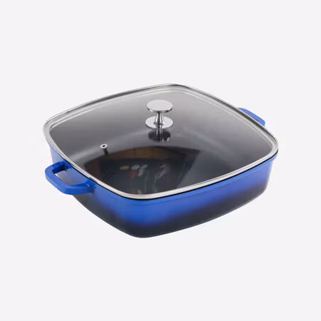 Alu-Gjutjärn Kastrull Med Glaslock, 28x28cm 5,6Liter Blå Induktion, AluChef