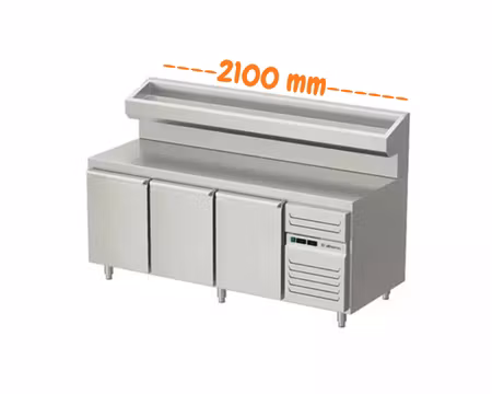 Pizzakylbänk 3 Dörrar Med Upphöjd Kylränna, 2100x800x900mm, Allthermo